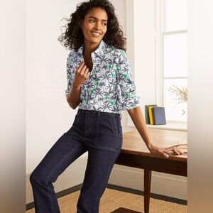 Boden Sienna Green Monkey Blue Palm Tree Cotton Blouse